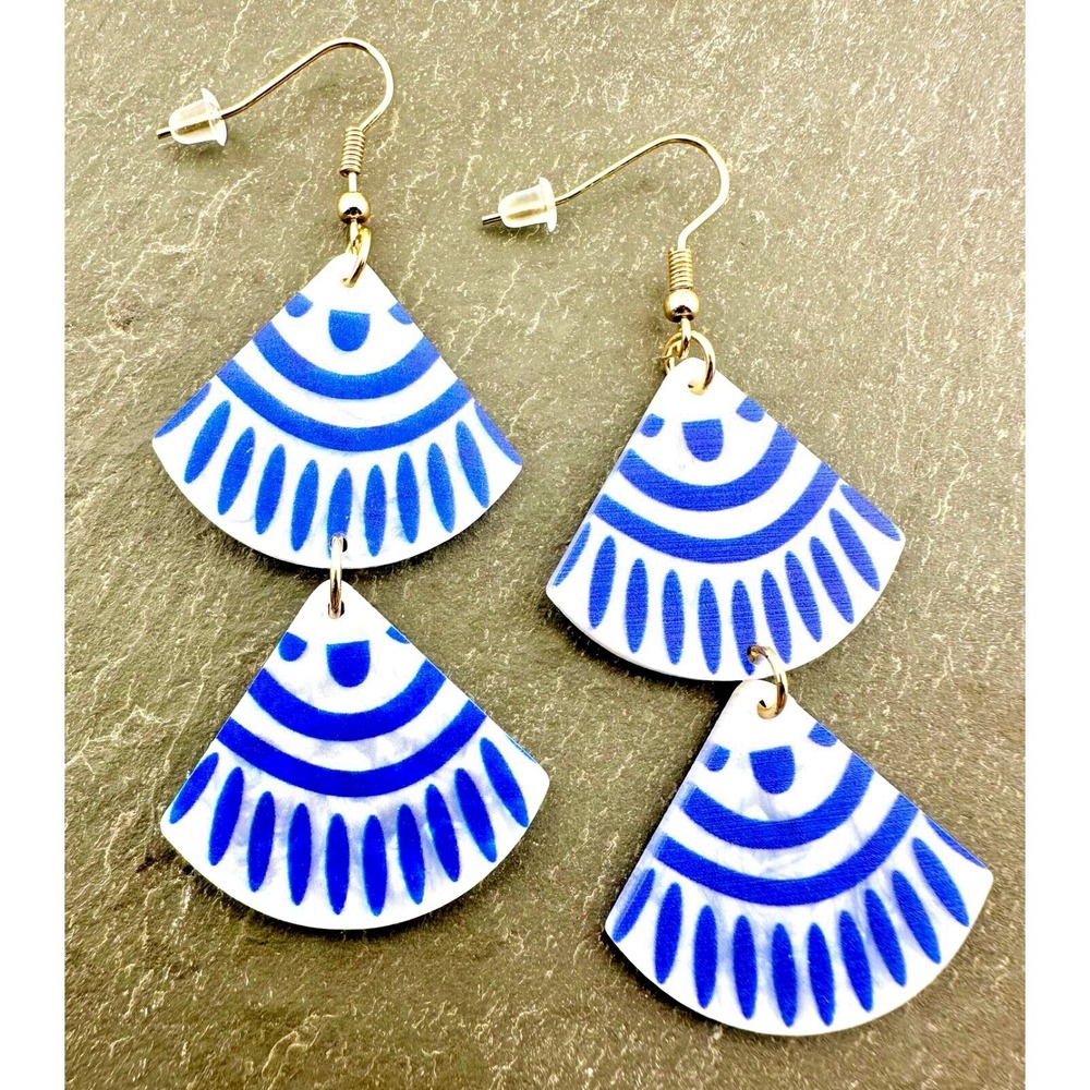 Cobalt‎ Blue & White Double Stacked Acrylic Fan Earrings